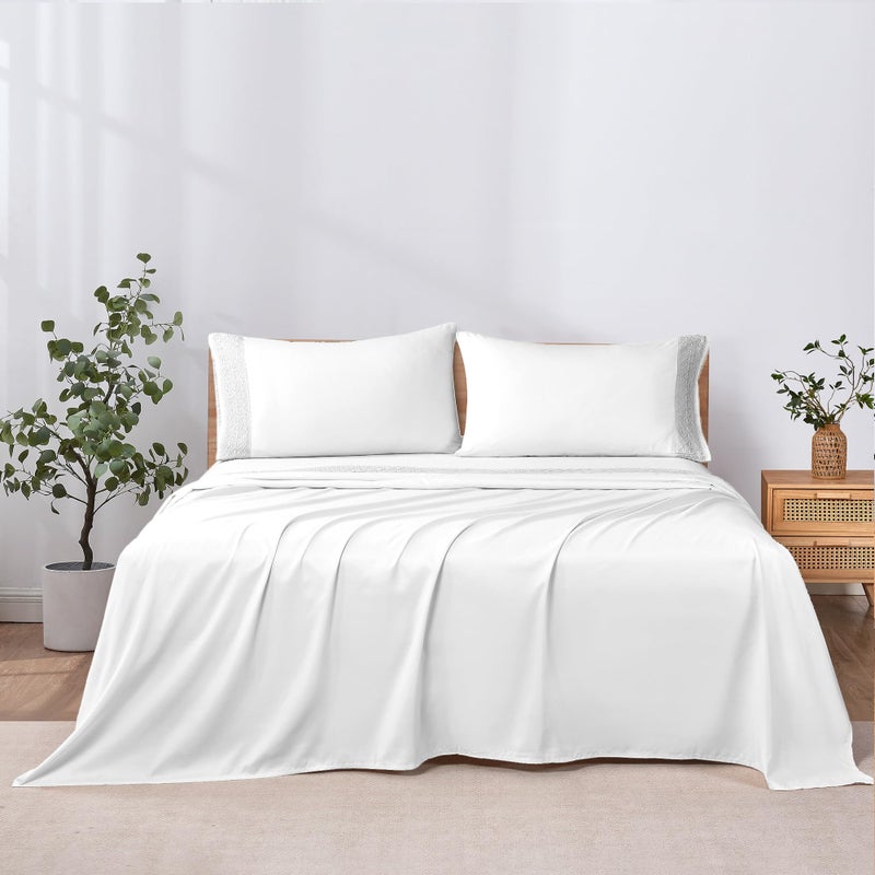 Modern Threads Soft Microfiber Crochet Lace Sheets - Luxurious Microfiber Bed Sheets - Includes Flat Sheet, Fitted Sheet with Deep Pockets, & Pillowcases White Queen - Image 3
